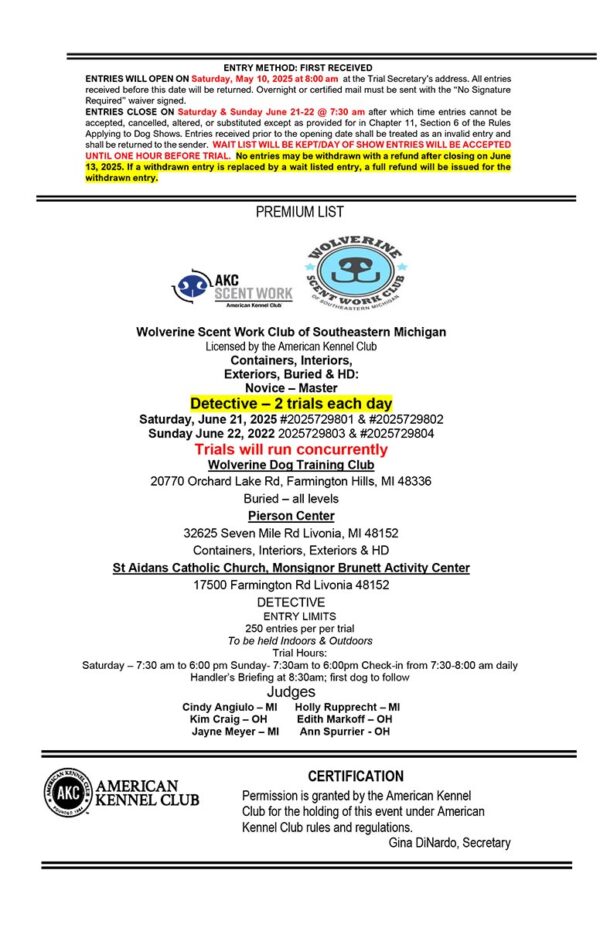 AKC Scent Work Trial Saturday, June 21st