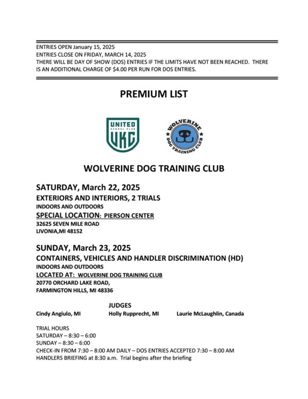 UKC WDTC Nosework Trial Containers, Vehicles, & Handler Discrimination, Sunday March 23, 2025